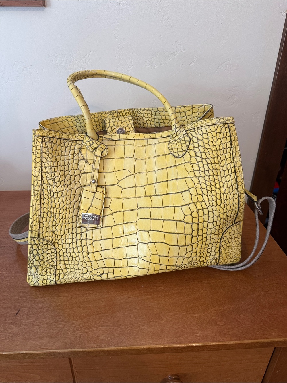 Yellow Croc-Embossed Tote Bag with Top Handles